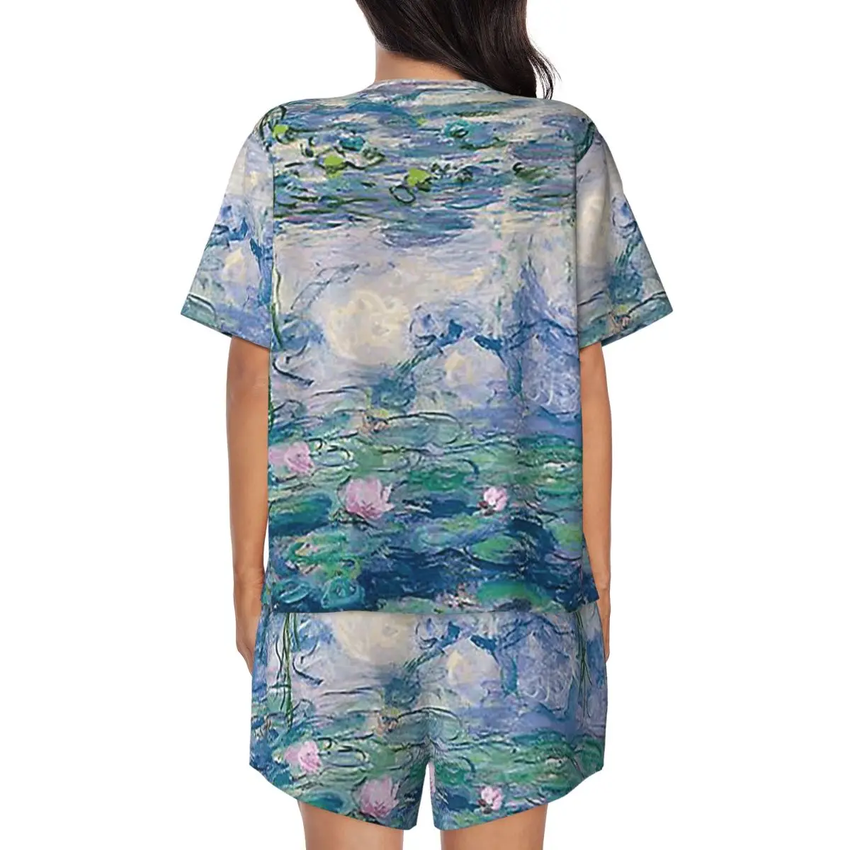 Water Lilies Claude Monet Fine A Round Neck Short Sleeve Nightgowns for Sleeping Sleepshirts Women Loose Pajama Set Short Pants