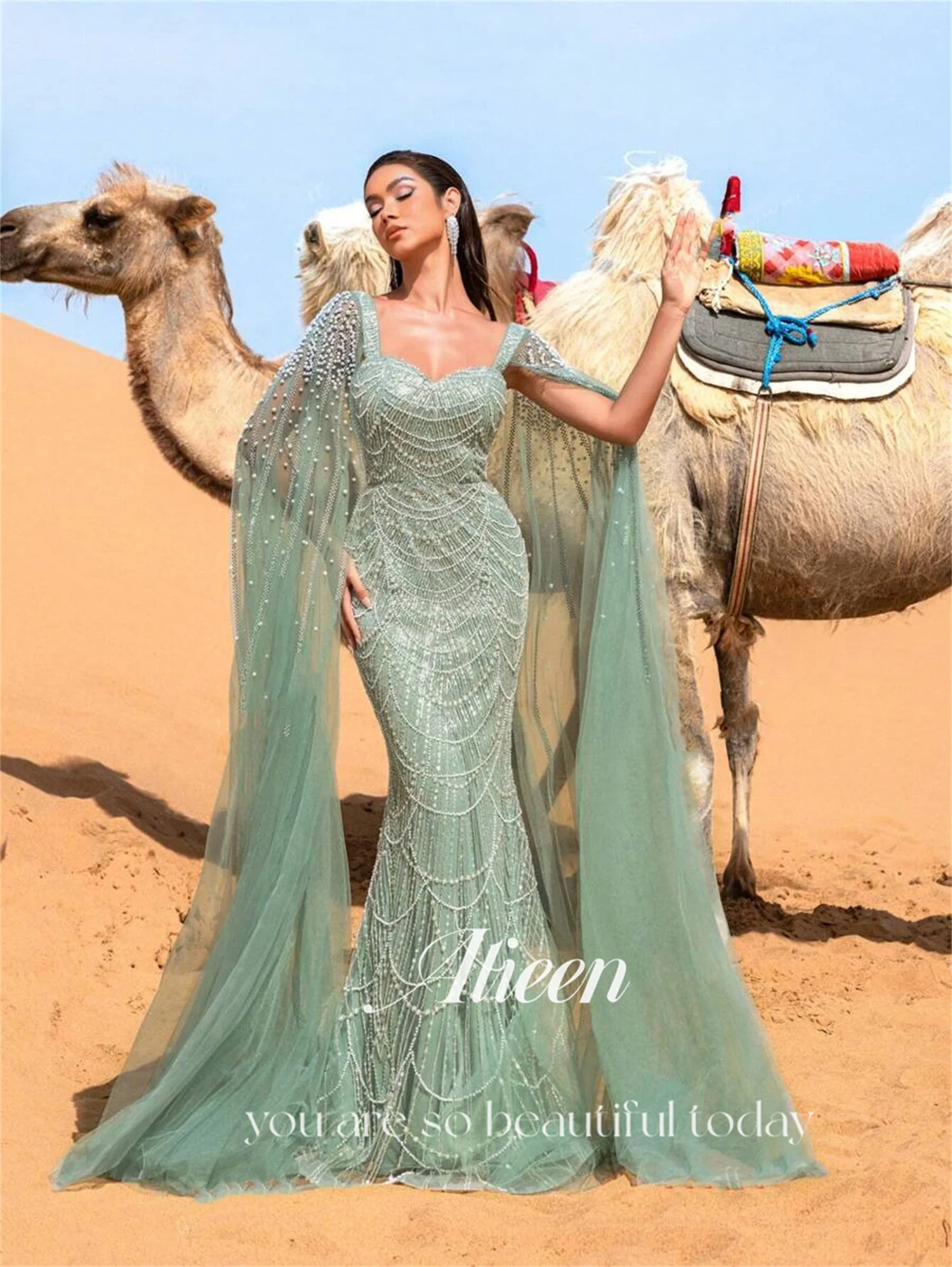 Aileen فستان سهرة نسائي أخضر شال فساتين لحضور الحفلات الموسيقية 2025 خرز مخصص فيستدوس دي فيستا فاخر فساتين سهرة حورية البحر فاخرة