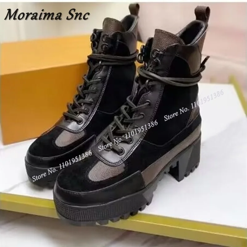 Moraima Snc Round Toe Lace up Black Boots Platform Patchwork Stiletto Shoes for Women Chunky High Heels Boots Zapatillas Mujer