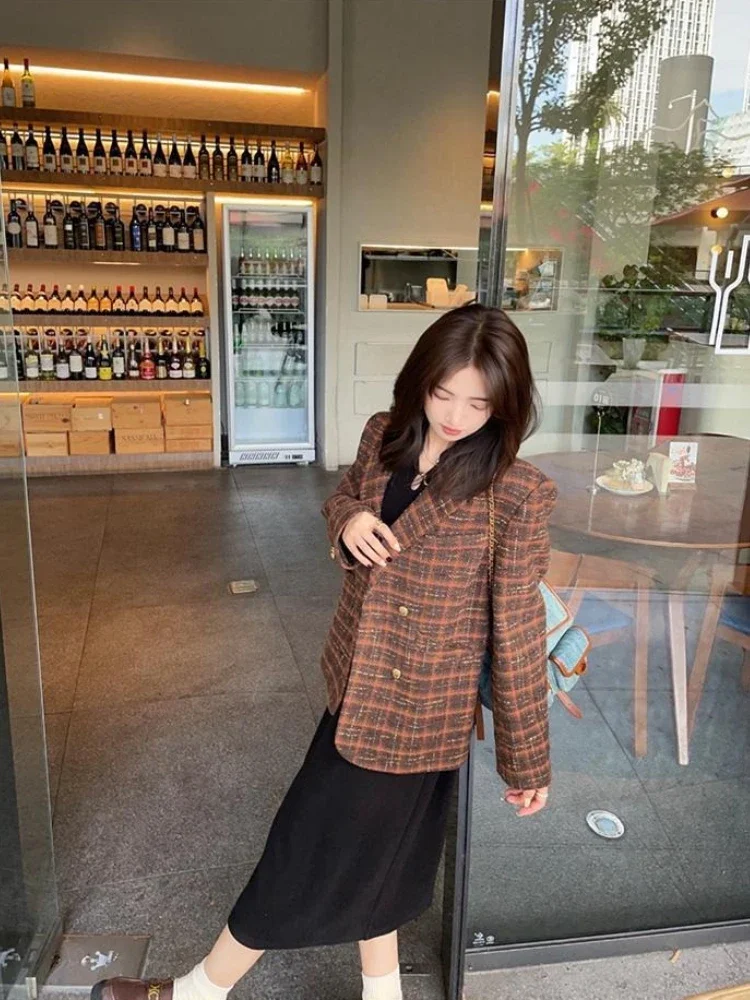 Women Houndstooth Blazer 2026 Autumn Winter Retro Thickened French Style Elegant Petite Suit Jacket Fashion Top