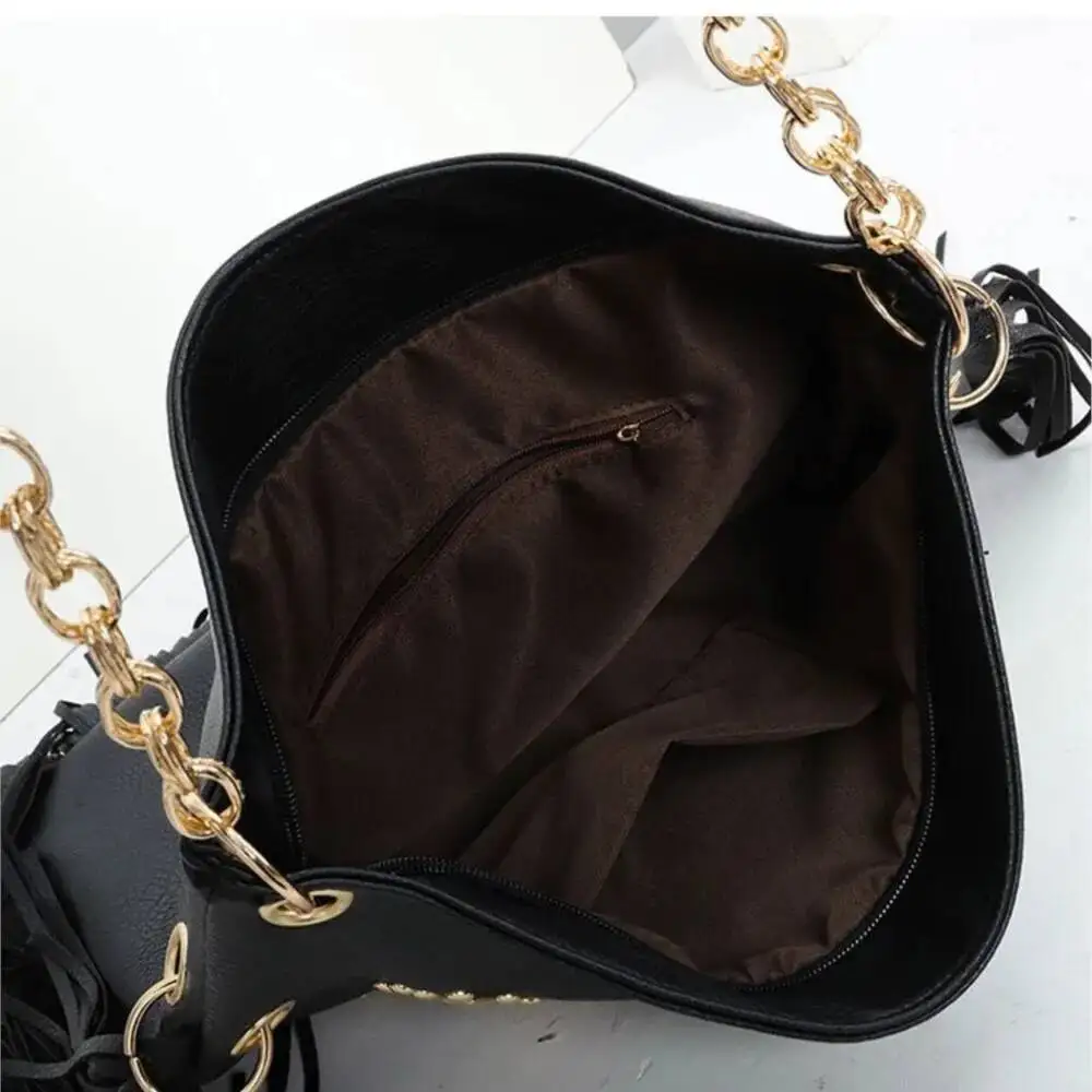 Bloom Vintage Beading Black Handbag Women Large Capacity Tassel Casual Shoulder Bags Female Retro Soft Leather Handbags Purse