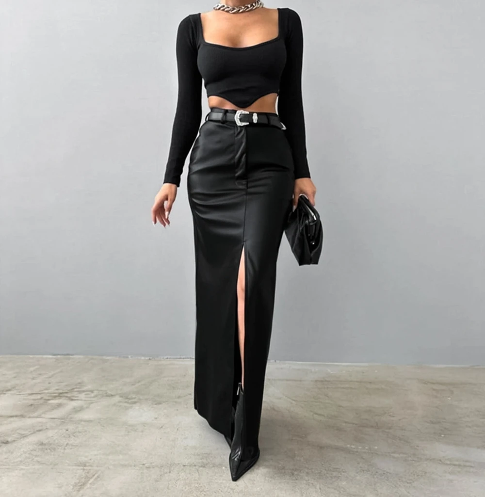 2024 European And American Style Fashionable PU Leather Solid Color Splicing Design Sense High Waist Slit Slim Fit Long Skirt