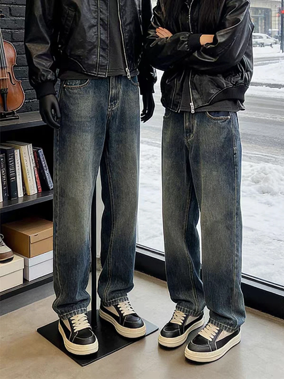 

Deep Blue Men's Vintage American Waed Jeans Slim Fit Straight Leg Casual Long Trousers Wear Resistant mid Waist Zipper