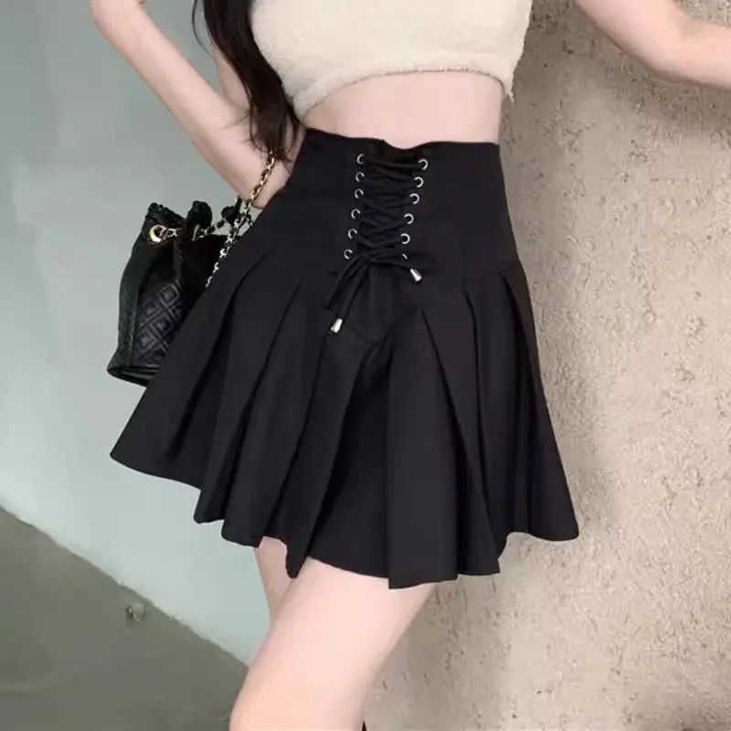 Nice Summer Thin Casual Solid Color Ladies High Waist Women's Clothing Korean Young Style  New Lacing Patchwork A-line Skirt