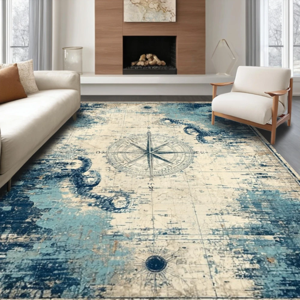 Nautical Map Compass Printed Rug, 2D Flat Non‑Slip Machine Washable Mat for Bedroom Bathroom Kitchen Dorm Office Indoor Decor