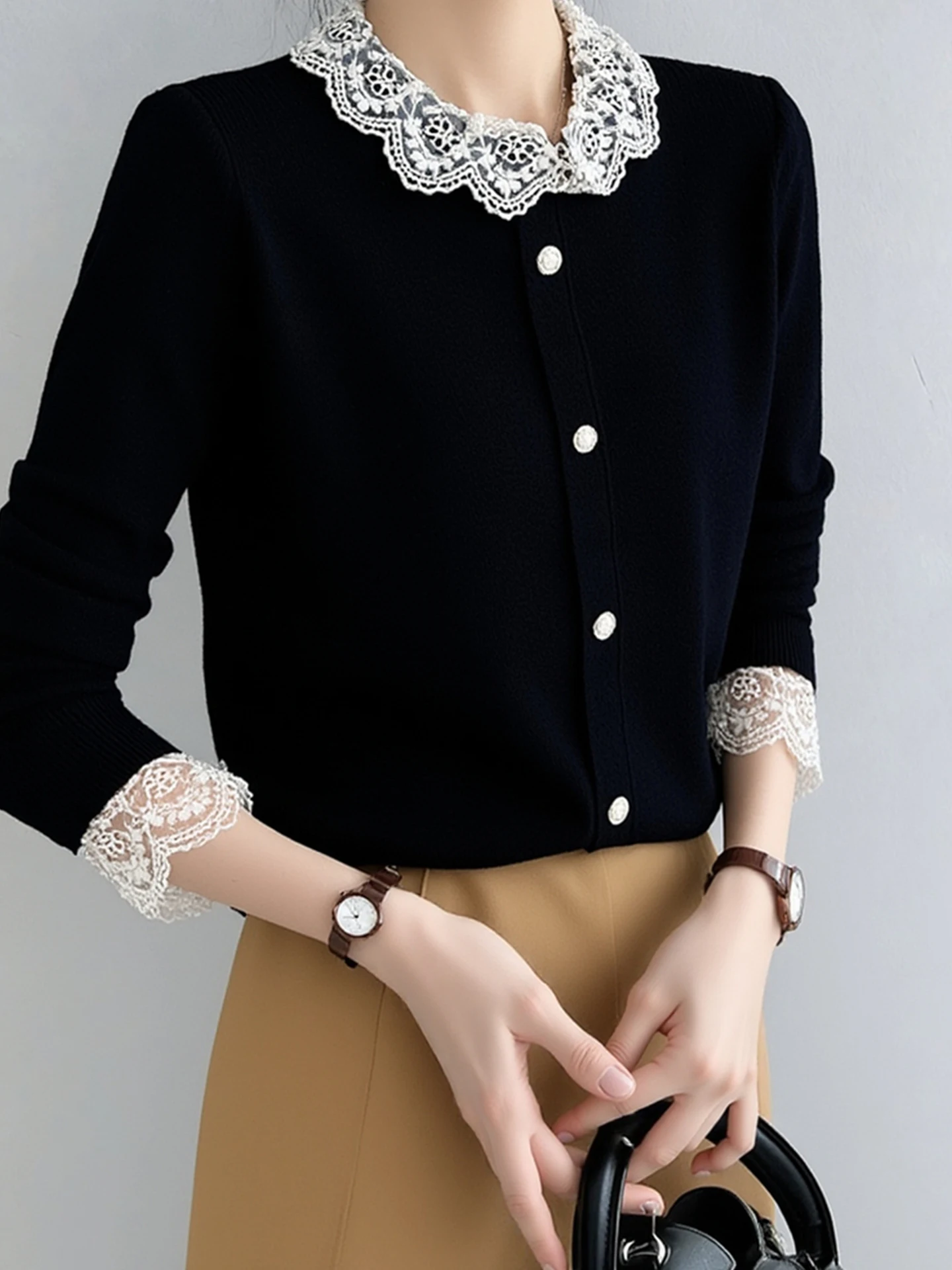 

Thiened Long Sve Lace Splicing Knitted Cardigan Winter Trendy Inner Wear Poetic Lin Commute Sle Korean Loose Fit Camere