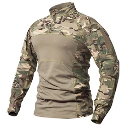 Men Hiking T-shirts Tactical Combat Shirts Stretch Cotton 1/4 Zipper Shirt Long Sleeve Camo T Shirt Men Clothing Wear-resistant