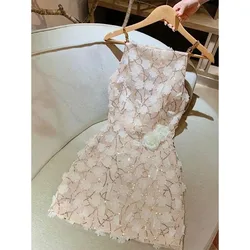 Temperament Sweet Embroidered Sling Dress Women Foral Print Gentle Collarbone Sleeveless Summer Banquet Celebrity Chic Dress New