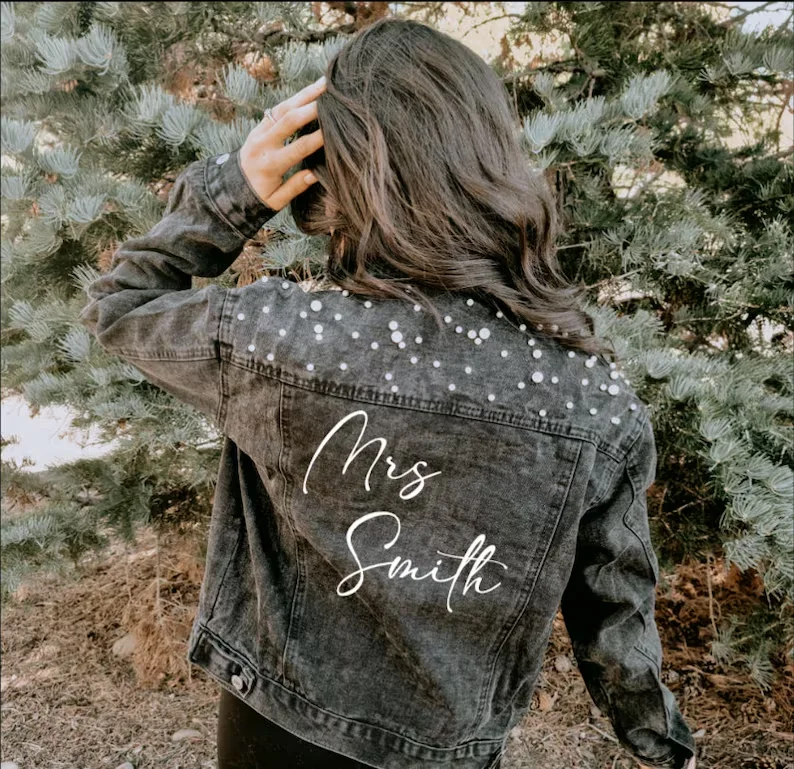 MRS Jacket | Black Pearl Jacket | Last Name Jacket | Denim Bridal Jacket | Customized Wedding Jean Jacket | Wedding Day Jacket