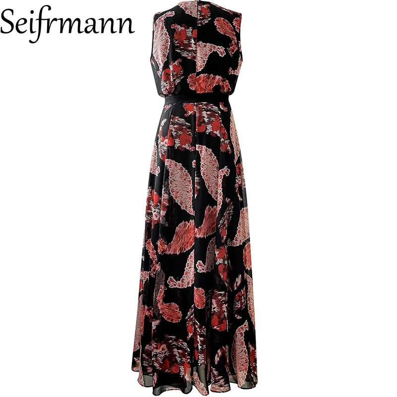 فستان Seifrmann النسائي الأنيق للحفلات مُزين بنقشة الزهور ورقبة على شكل حرف V بدون أكمام وخصر عالٍ، فساتين متأرجحة كبيرة على الموضة