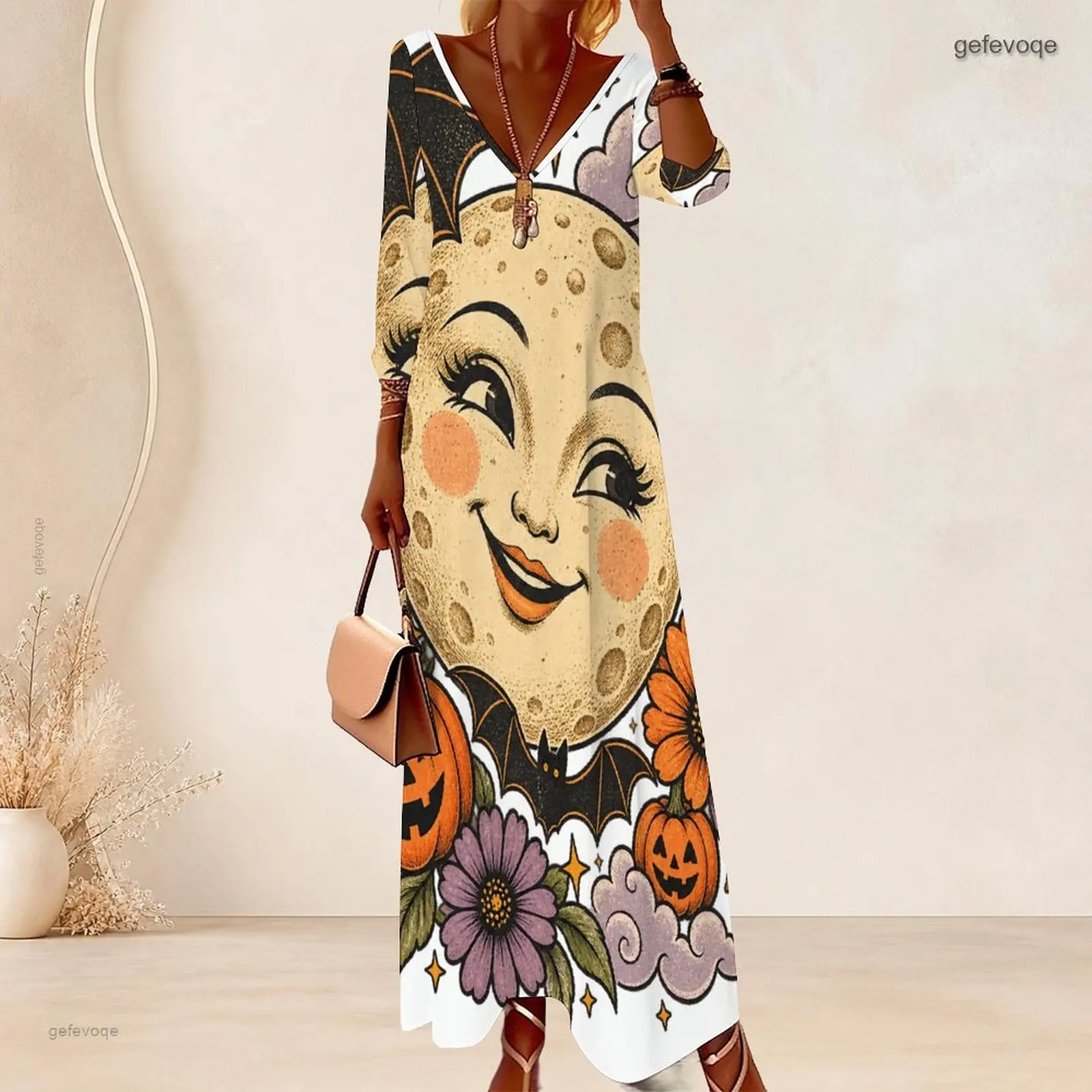 Women Deep V Neck Maxi Dress 3/4 Sleeve Loose Straight Long Dress Custom Print Casual Vacation Beach Ladies Floor Length Dress