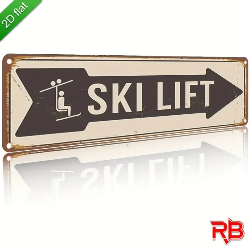 Ski Lift Tin Sign, Retro Vintage Arrow Metal Wall Plaque for Ski Lodge, Cabin, Man Cave & Winter Sports Decor, 2D Flat Printing