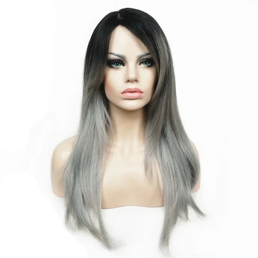 

Women's Wigs Ombre Two tone Black/Silver-grey Mix Long Straight Hair Synthetic Full Wig