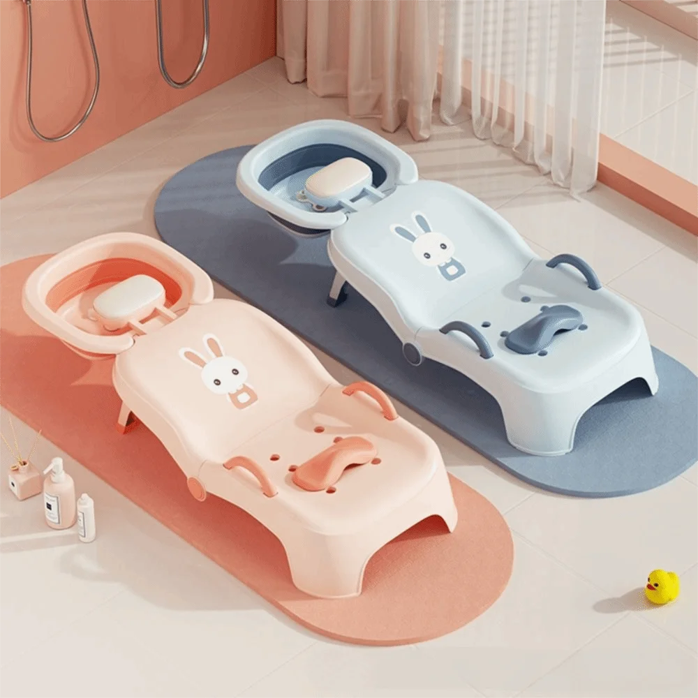 

Adjustable Children's Shampoo Chair Foldable Rabbit Pattern Baby Hair Pool Bed with Shampoo Basin Comfort Bath Seat Bathtub