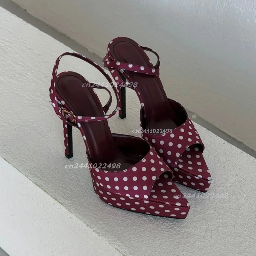 Red Polka Dot Decor Platform Sandals Satin Leather Ankle Strap Hollow out Shoes Pointed Peep Toe Fashion Thin High Heels Shoes