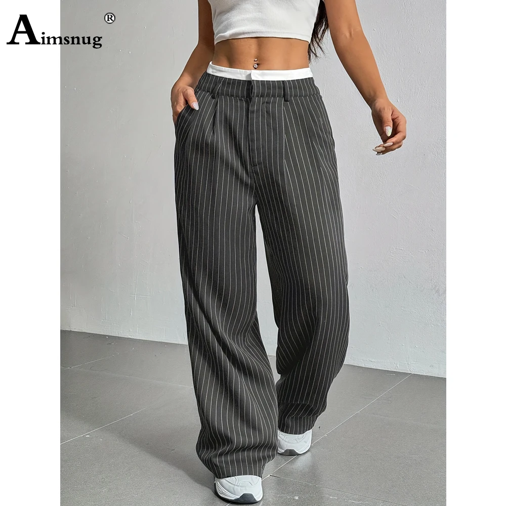 

Women's Stand Pocket Casual Straight Leg Suit Pants Loose Vintage Stripe Party Trouser Plus Size Women Fashion Basic Suits Pants