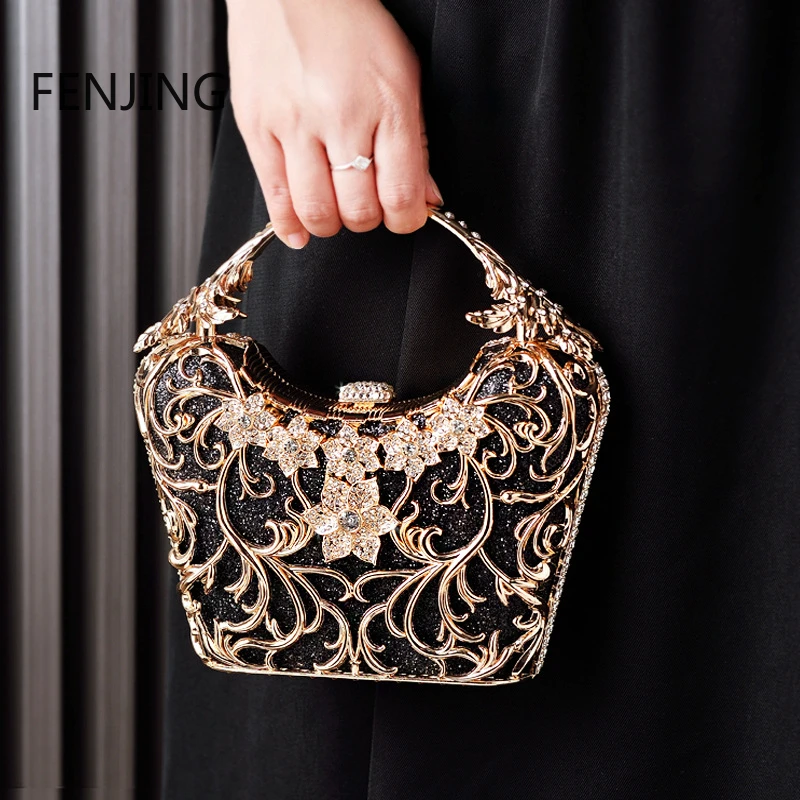 

Hollow Out Metal Evening Bags Fashion Shiny Party Banquet Handbags Female Luxury Clutch Purse Bolso Mujer Chain Shoulder Bag