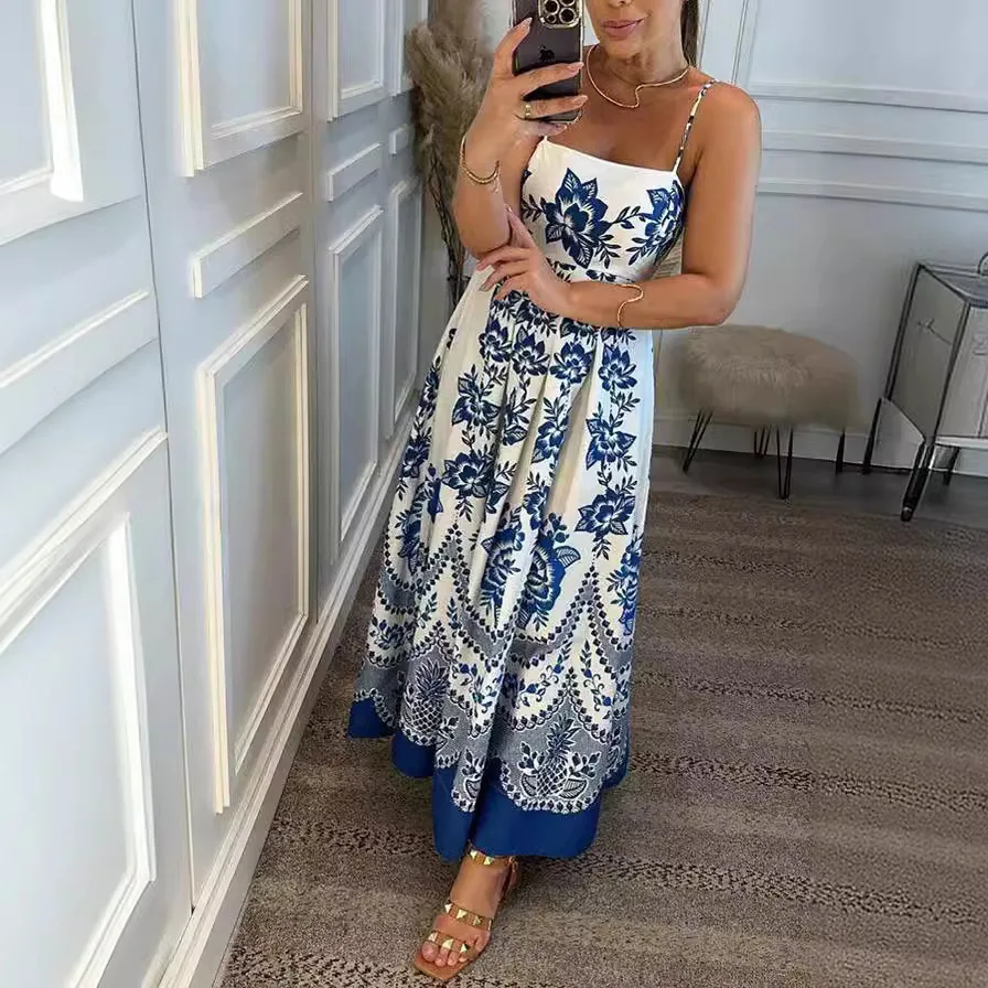 

2024 Spring/Summer New Suspender Ethnic Style Symmetrical Printed Dress