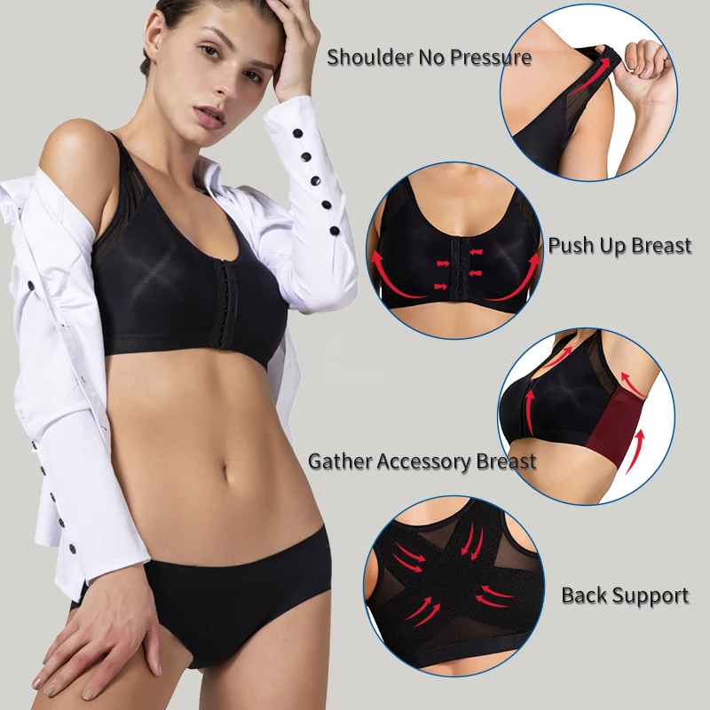 Women's Front Closure Posture Bra Full Coverage Back Support Wireless Comfortable Underwear Push Up Breast Shapewear Tops Female