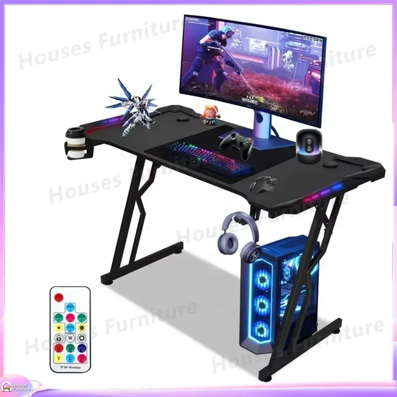 Black Ergonomic Gaming Desk with RGB Lighting Cable Management Tray Large Computer Desk for PC Gaming Setup Home Office