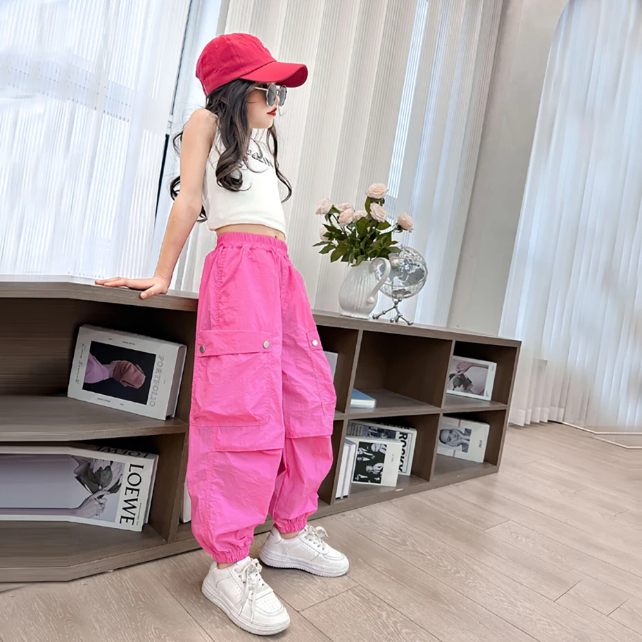 Girls Cargo Pants Solid Color Trousers Girl Spring Autumn Children Trousers Casual Style Girl Clothes 6 8 10 12 14