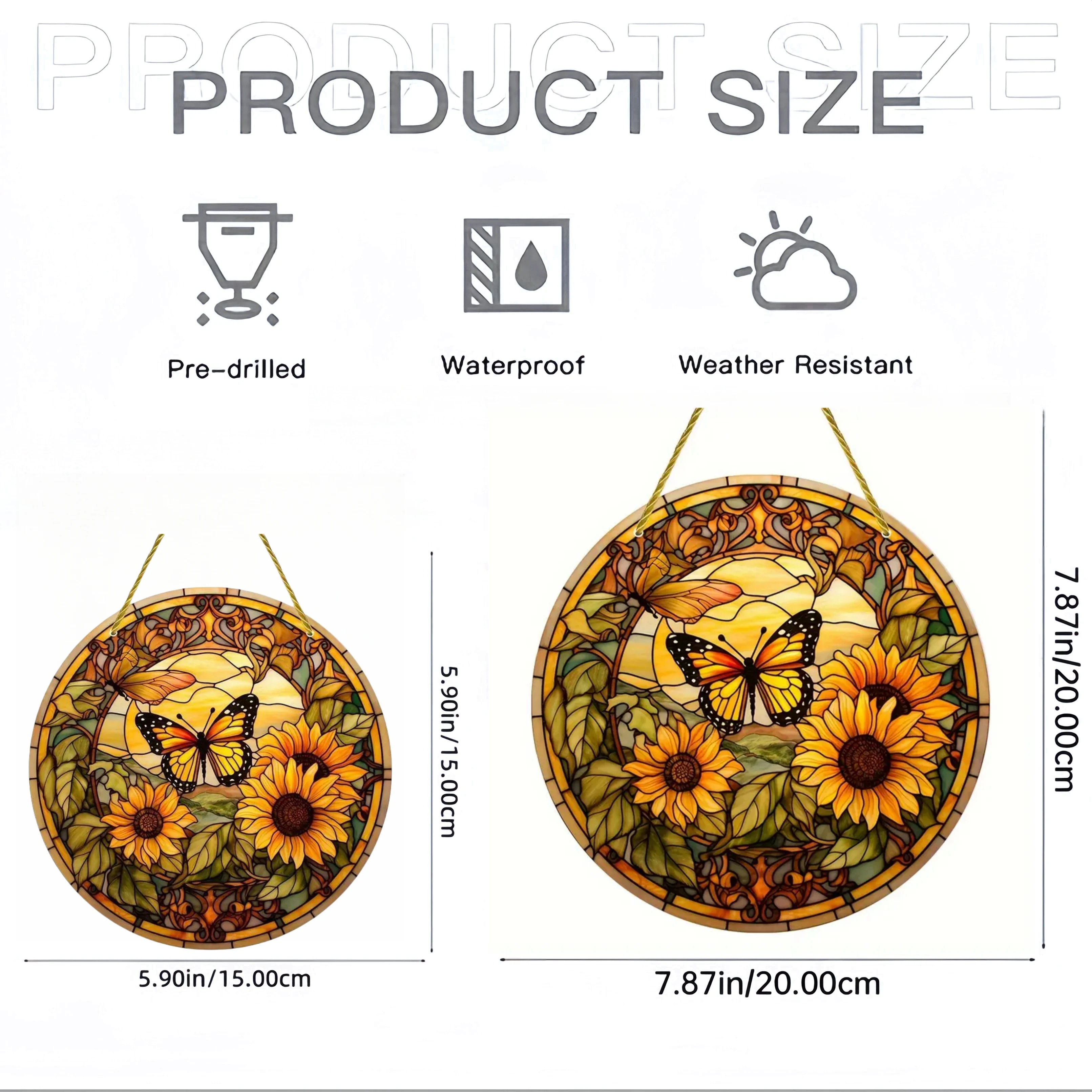 Butterfly&Flowers Suncatcher Acrylic Round Translucent Stained Glass Window Hanging-courtyard,Patio,Garden,Room Decor.Ideal Gift