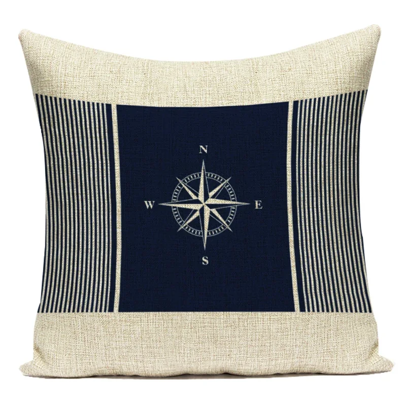 Nordic Style Mediterranean Sailing Compass Fish Anchor Polyester Pillow Cushion Cover for Sofa Home Lighthouse Pillowcase