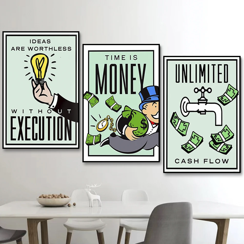 Frameless canvas paintings,Monopoly Millionaire Money Canvas Decorative Painting Motivational Quote Art Poster Cartoon Figure Mu - view 3