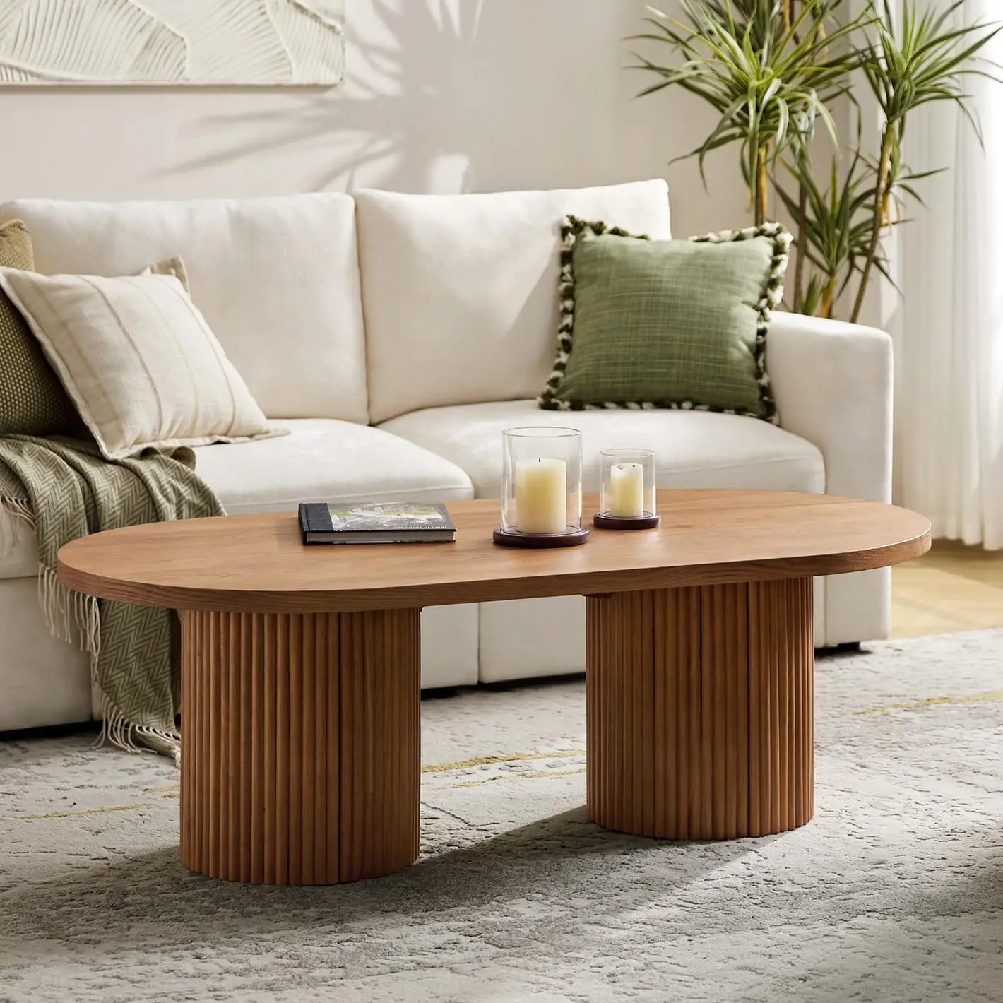 

53" Convertible Oval Coffee Table with Fluted Solid Wood Base, Wooden Center Table with Detachable Legs, Modern, Customized