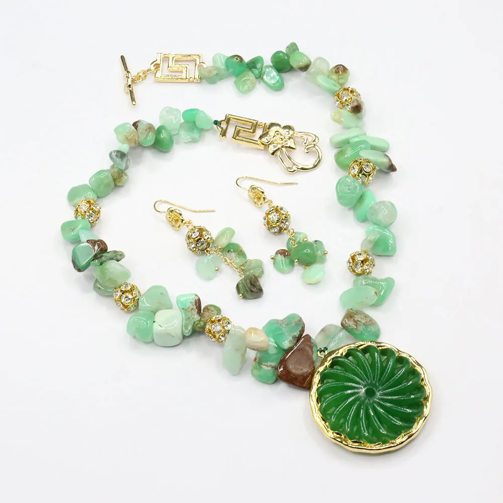 G-G Real Green Chrysoprase Quartz Beads Necklace Green Jade Pendant Earrings Sets For Women Simple Gifts