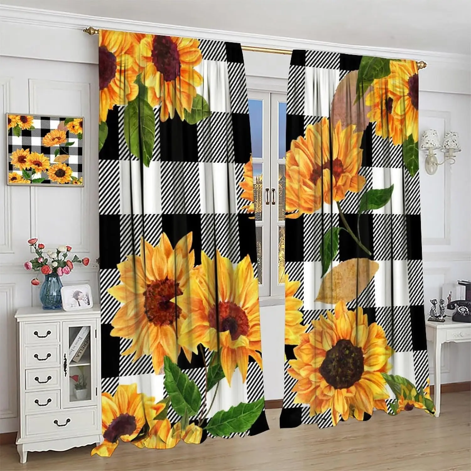

Шторы в клетку с подсолнухом и буйволом, желтые цветочные черно-белые полосатые занавески для садовых растений с карманом для стержня для дома в фермерском доме