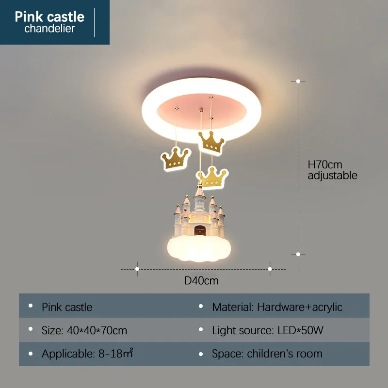 Girl\'s Bedroom Cartoon Creative Pendant Light Pink Fantasy Castle Crown LED Chandelier for Children\'s Room Hanging Lamp Fixtures