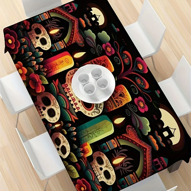 Day of the Dead Skull Pattern Tablecloth - Polyester fiber, rectangular shape, suitable for home and restaurant decoration.PMJ