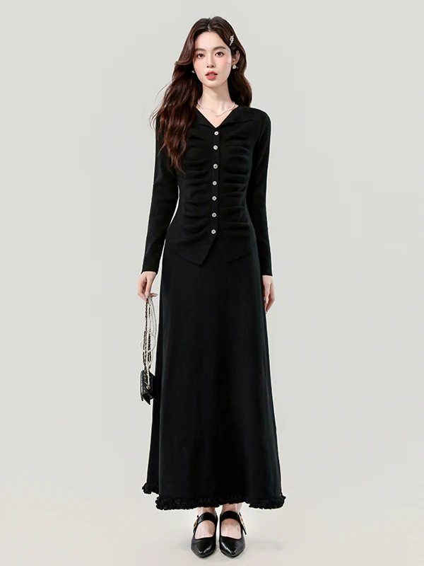 

Ele Long V-Ne Pleated Slimming Two-Piece Set Dr Winter 2025 Faionable Knitted French Sle Polyester Fiber Thiened