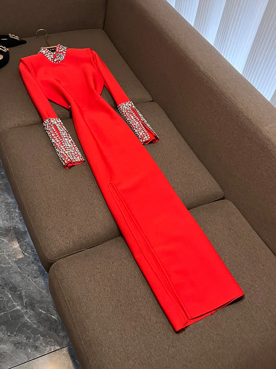 Ele Luxury Diamond Embellied Bodycon Dr Ele Par Dr Stand Collar Long Sve mid Waist Ci Commute