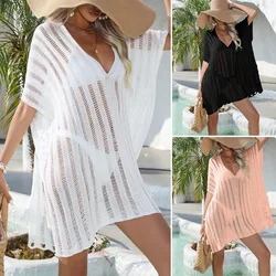 Women Hollow Out Bikini Cover Ups Long Sleeve Dress Fashion Casual Beach Dress Casual Sexy Shirt Top Swimwear Cover-ups Female