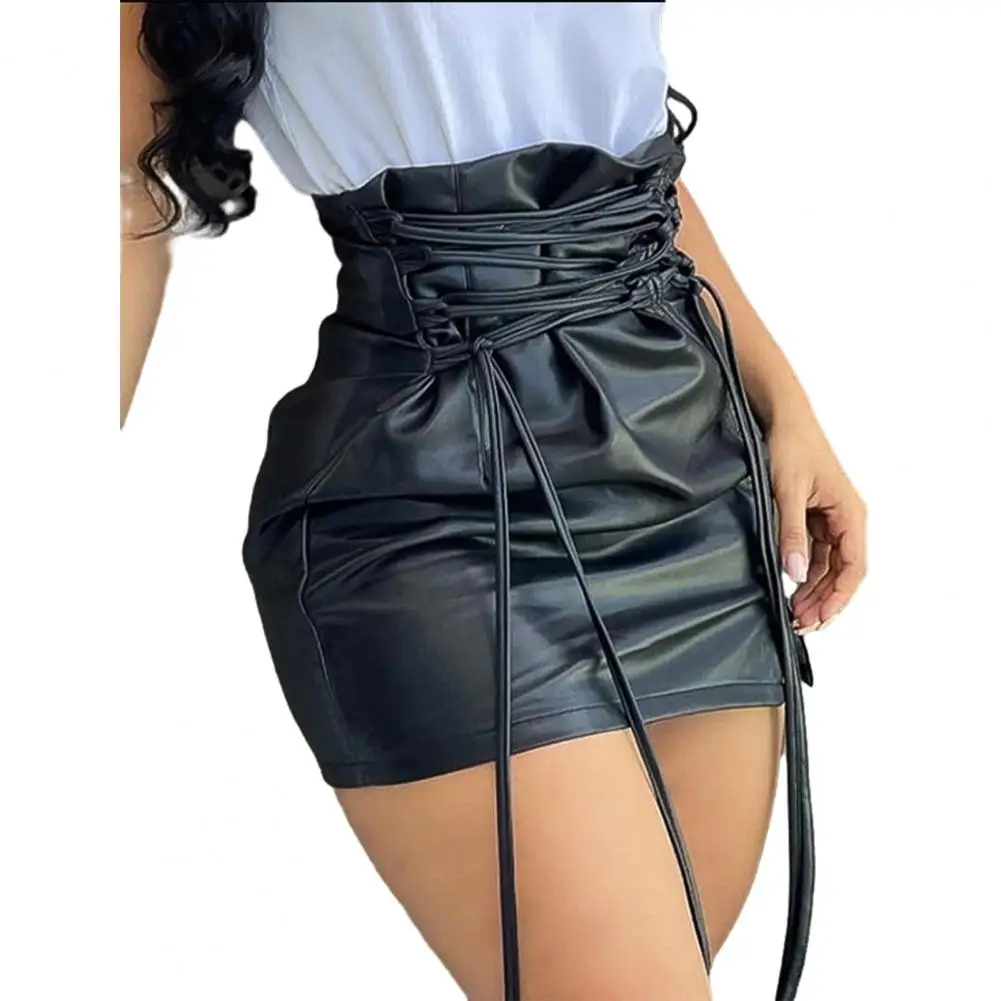 

Women Short Skirt Sexy Faux Leather High Waist Hip Wrap Above Knee Pleated Lace-up Slim Girls Black Mini Skirt Clubwear