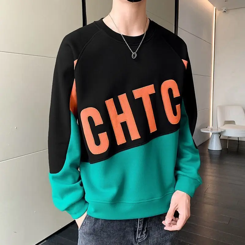 Fashion O-Neck Spliced Printed Letter Sweatshirts Men's Clothing 2023 Autumn Winter New Oversized Casual Tops Korean Sweatshirts