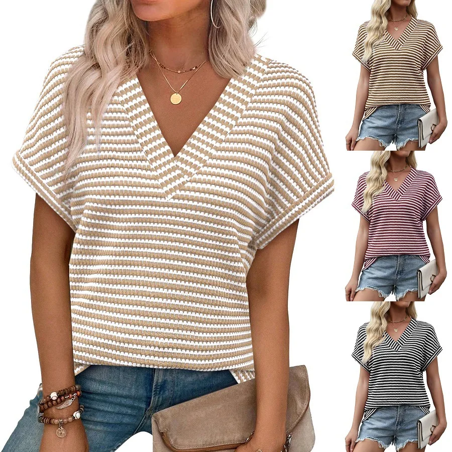 Summer V-Neck Striped Waffle Loose Short Sleeve T-Shirt Women's