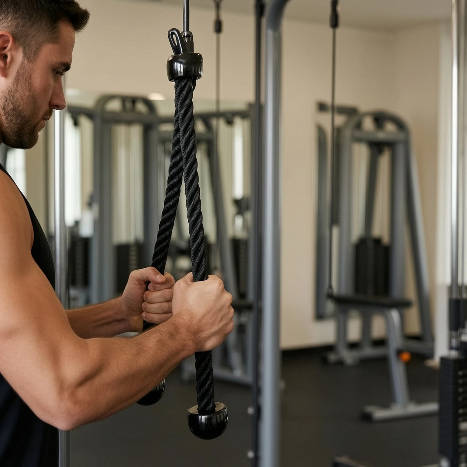 Cuerda de Tríceps Resistente con Tapas Protectoras Antideslizantes y Fáciles de Agarrar para Fisicoculturistas, Entrenamiento de Fuerza, Gimnasio en Casa