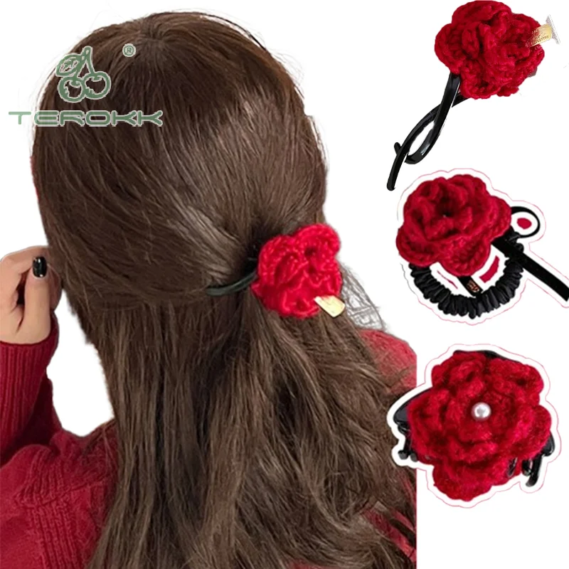 Moda elegante rosa flor garra de cabelo para mulheres meninas doce versátil 3d flor grampo de cabelo anel requintado acessórios para o cabelo presentes