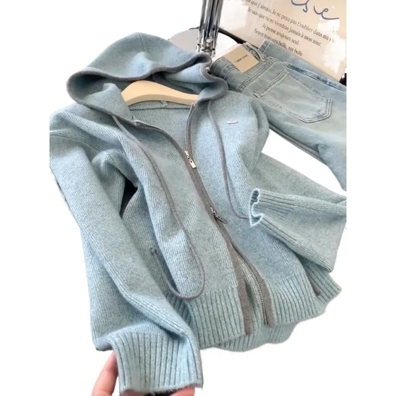 

Корейский нишевый повседневный вязаный кардиган с двойной молнией и капюшоном, женский осенне-зимний ленивый темперамент, повседневное универсальное пальто, топ