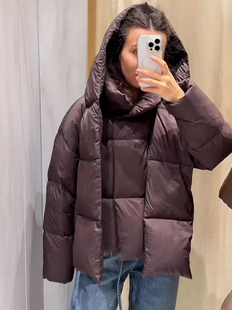 

HH Winter New Fashion Woman's Jackets Solid High Collar Long Sleeves Pockets Scarf Decoration Female Casual Loose Warm Coats