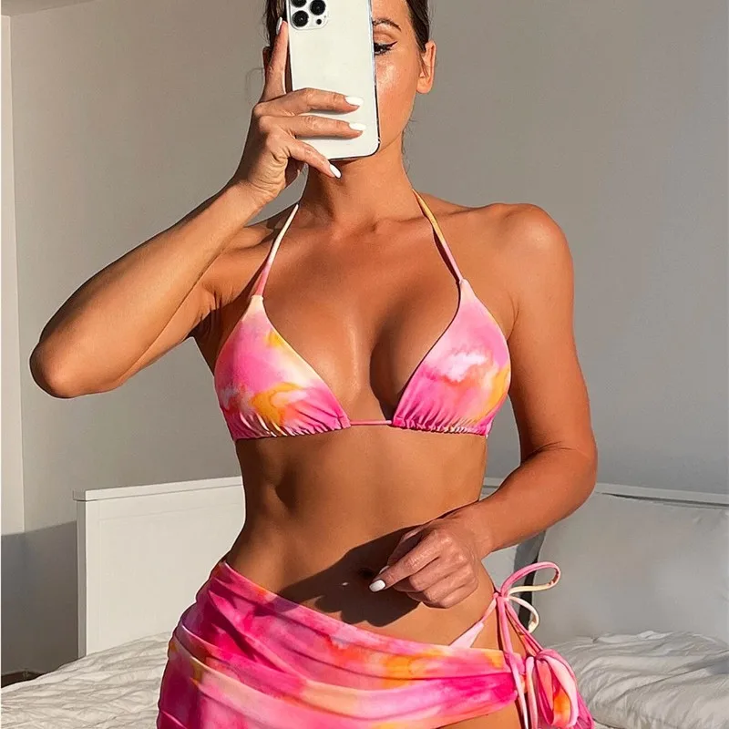 

European and American -Piece Swimsuit Sexy Three-Point Halter Back New Tie-Dye Beach Dress Cover-Up