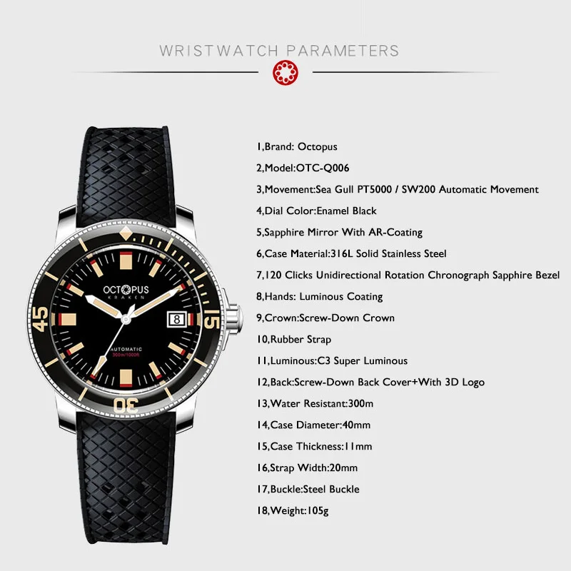 الأخطبوط الرجال غواص ساعة الطيار 40 مللي متر التلقائي الميكانيكية ساعة اليد غواص 300 متر مقاوم للماء مضيئة الياقوت الحافة الرياضة PT5000