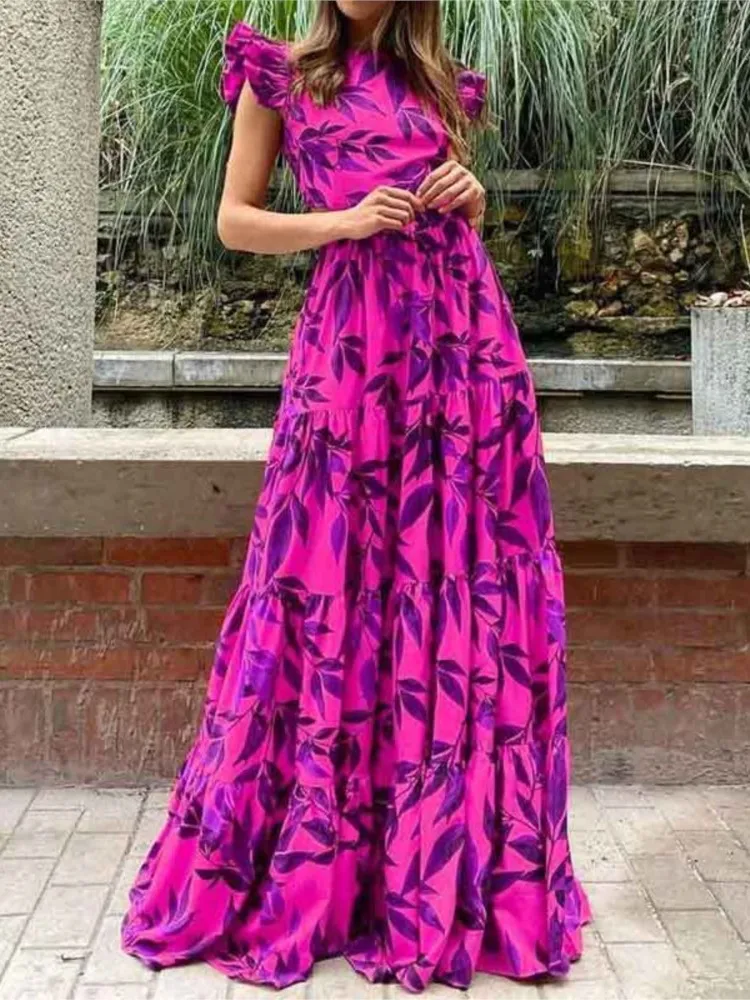 فستان فضفاض مطبوع أنيق للنساء موضة رقبة دائرية وكشكشة عالية الخصر فساتين فضفاضة رداء نسائي ملابس غير رسمية للعطلات