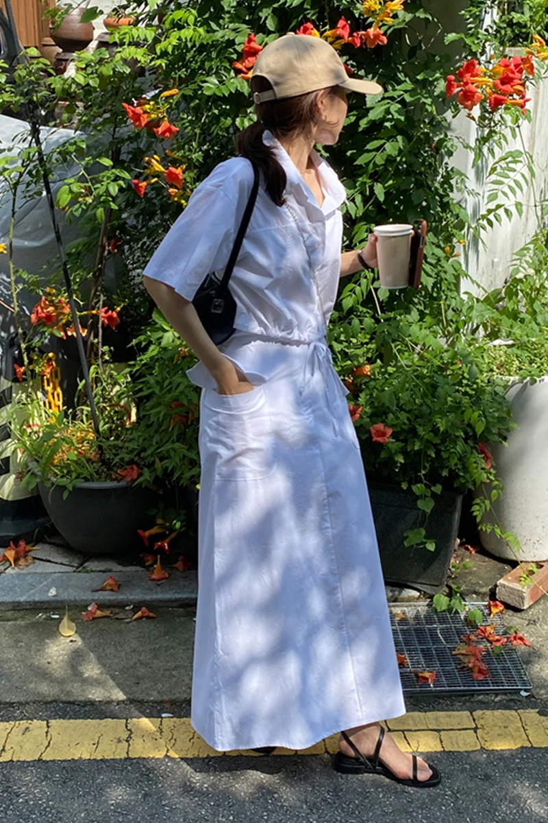 Chic Retro Collared Drawstring Short Sleeve Shirt High Waist Slimming Half Skirt Summer Fashion Set for Short Women