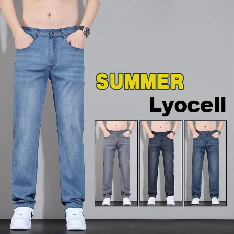

Men's Summer Lyocell Jeans Straight Leg Slim High-quality Brand Thin Pants Versatile Solid Color Daily Outdoor Business Trousers