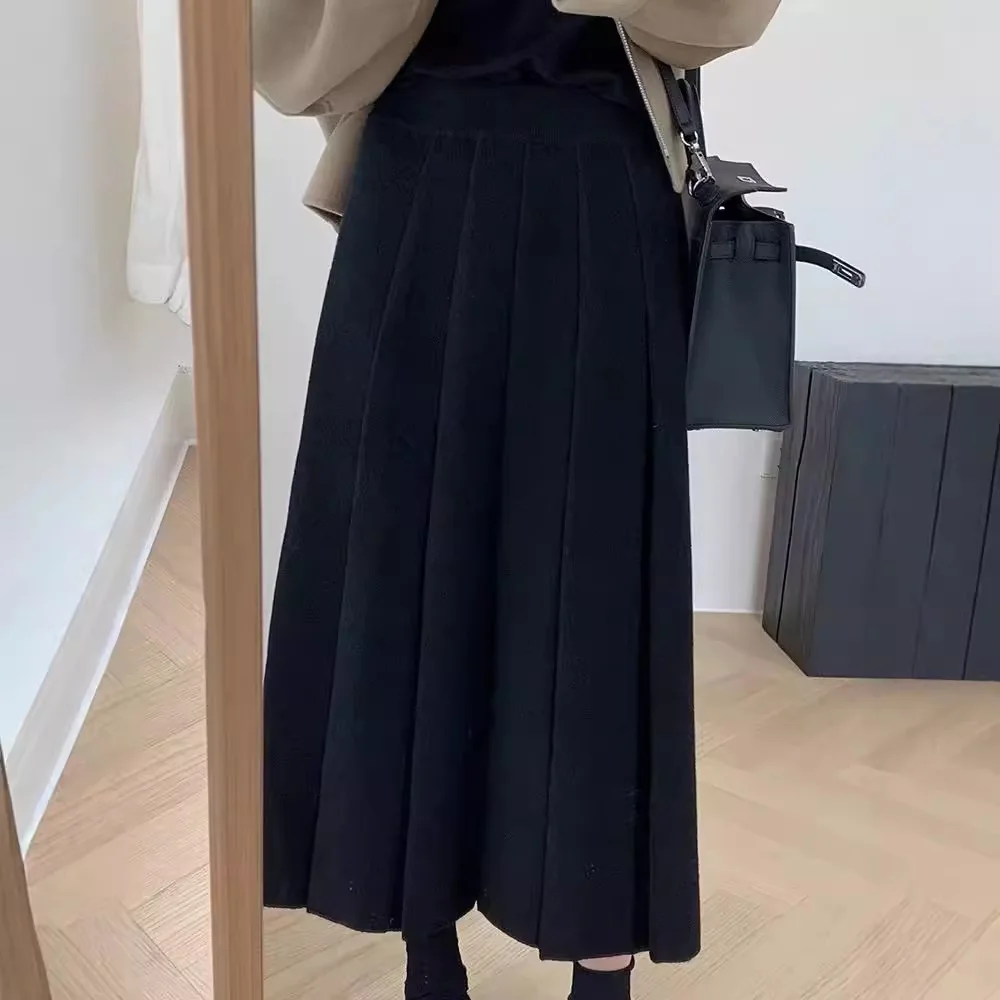 

2025 Autumn Winter Women's Grey Woolen Midi Skirt High Waisted Pleated A Line Petite Friendly Slim Fit Skirt