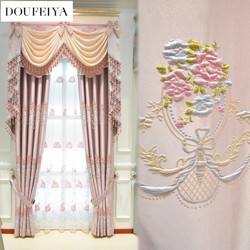 

Custom Size European Luxurious Embroidered Pink Curtains for Living Dining Room Bedroom Decor White Tulle Modern Elegant Fashion